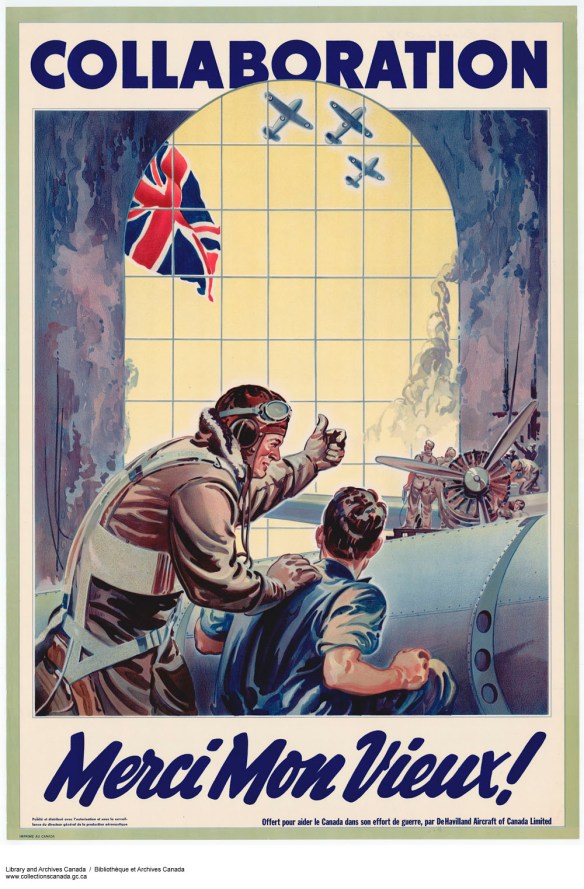 A colour print showing a pilot talking to a mechanic in an airplane hangar. Flying planes and a British flag can be seen through the window. The word “Collaboration” is written at the top of the poster and “Merci Mon Vieux!” is at the bottom.