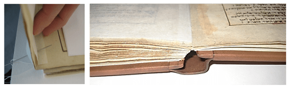On the left, a close-up of a hand holding a page of a book and a needle piercing through the page. On the right, a close-up of the bottom spine of the book laying open on a table.
