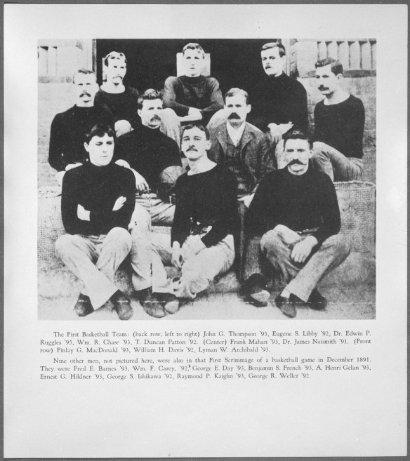 A black-and-white photograph with a list of all the players pictured, as well as those missing from the photograph who were part of the first team.