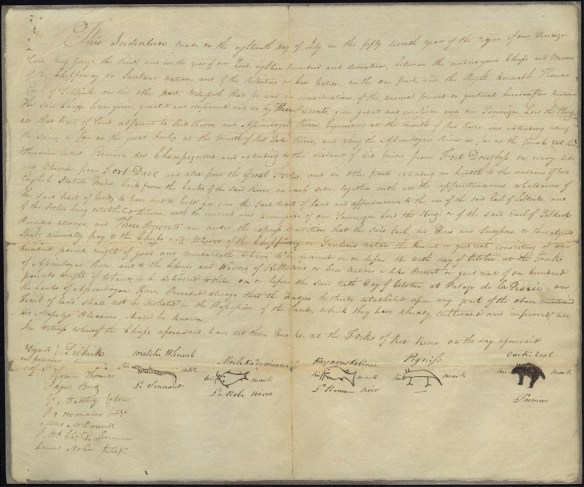 A colour reproduction of the handwritten first page of the Selkirk treaty. 