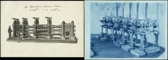 Two images showing machines to manufacture nuts and similar items. The first is a sketch of a machine for producing nails, screws and bolts in 1908. The second is a photograph of a machine to manufacture nails.