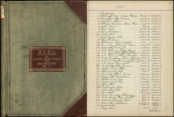 Colour image showing the cover of the inventory of lands, buildings and machinery, and an image of page 9 for 1906.