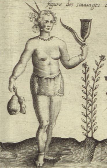 Drawing of an Amerindian woman in a loincloth, holding a squash and an ear of corn in her hands and standing beside a Jerusalem artichoke.