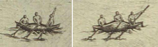 Detail of six Amerindians paddling their canoes.