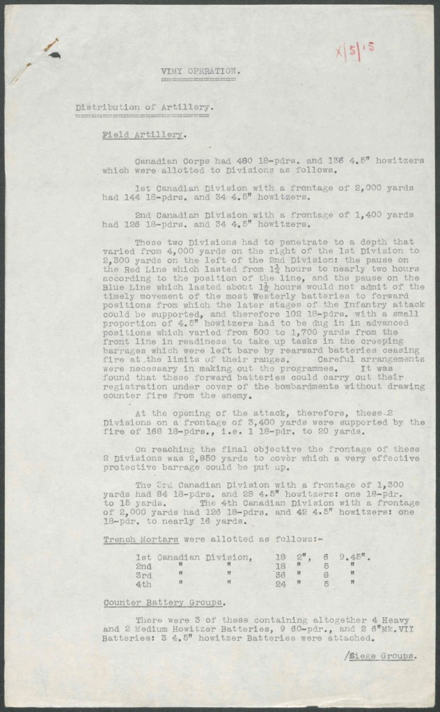 A typewritten, undated report on the Vimy Ridge artillery operations that briefly explains the tactics used to secure the various objectives.