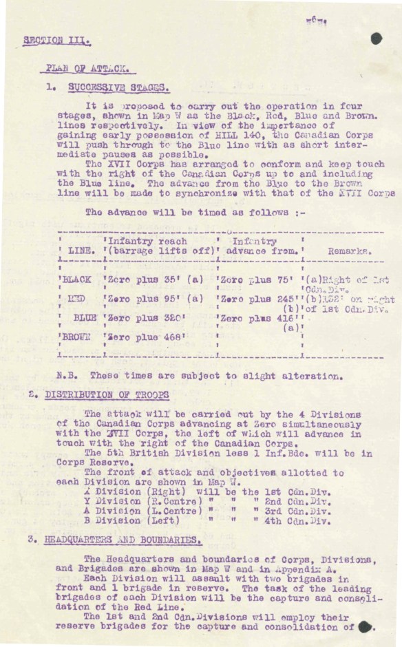A mimeographed, typewritten page divided into three different sections: successive stages, distribution of troops, and headquarters and boundaries.