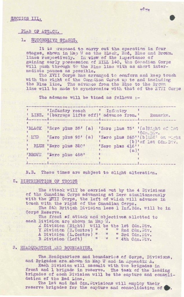 A mimeographed, typewritten page divided into three different sections: successive stages, distribution of troops, and headquarters and boundaries.
