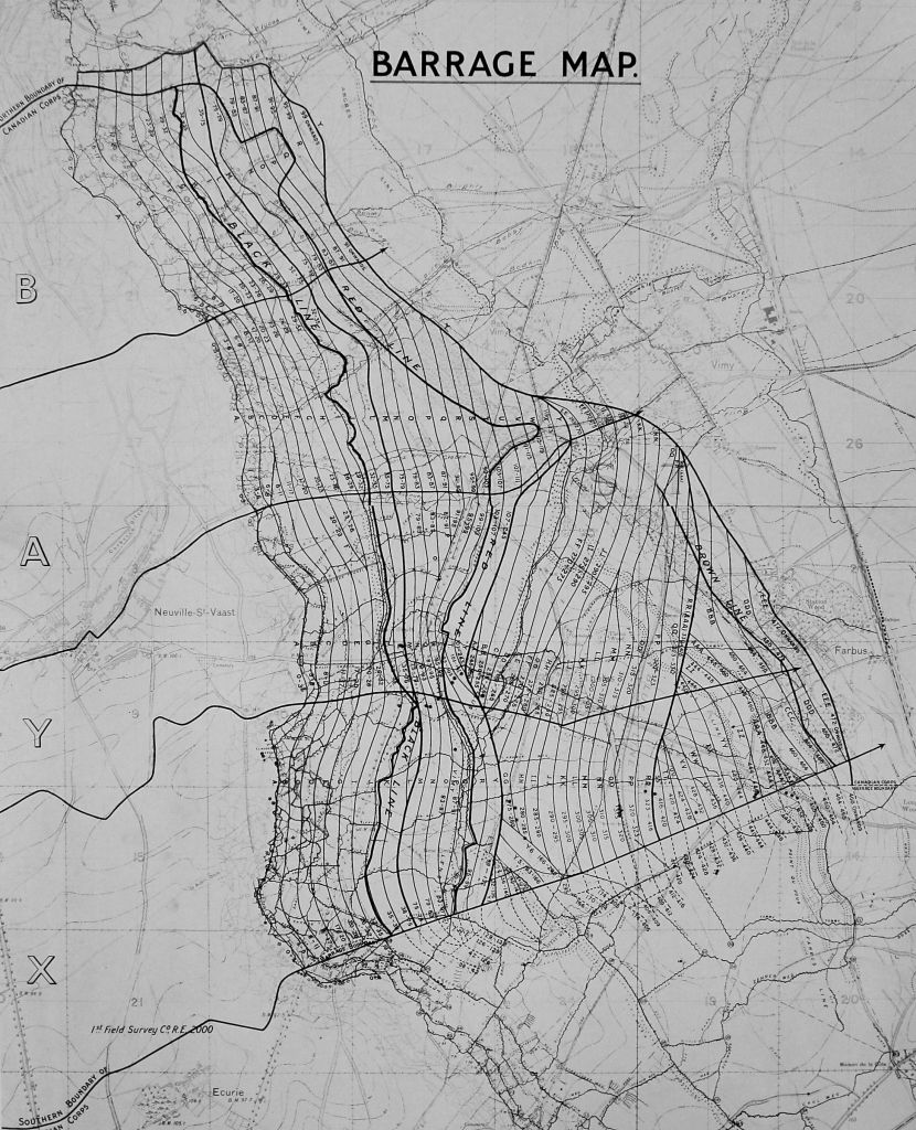 A black-and-white map showing the area around Vimy Ridge. The map is covered in wavy lines representing the rolling artillery barrage while the different objectives of the attack (black, red, blue, and brown) are represented by thicker lines.