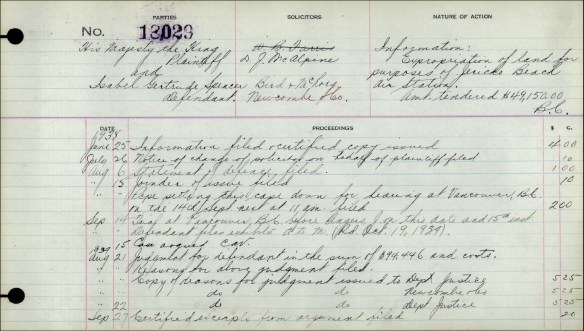 Page of a docket. The title includes the case number, the names of the parties and their solicitors, and the nature of the action. The rest of the page lists the documents filed with the Court, with the date and cost of each. 