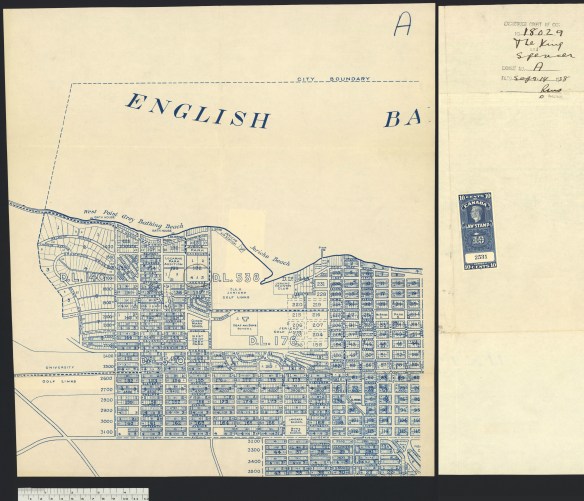Map on which Isabel Gertrude Spencer’s property is circled. A second page shows the number of the case, the title “The King and Spencer,” the file number, the date and, at the bottom, a 10-cent stamp indicating that the cost of filing had been paid.