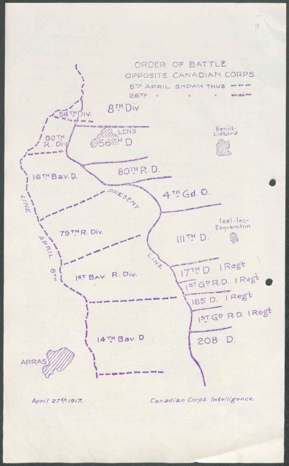 A mimeographed map using different lines to illustrate the German regiments that were located behind the trenches at these two different time periods.