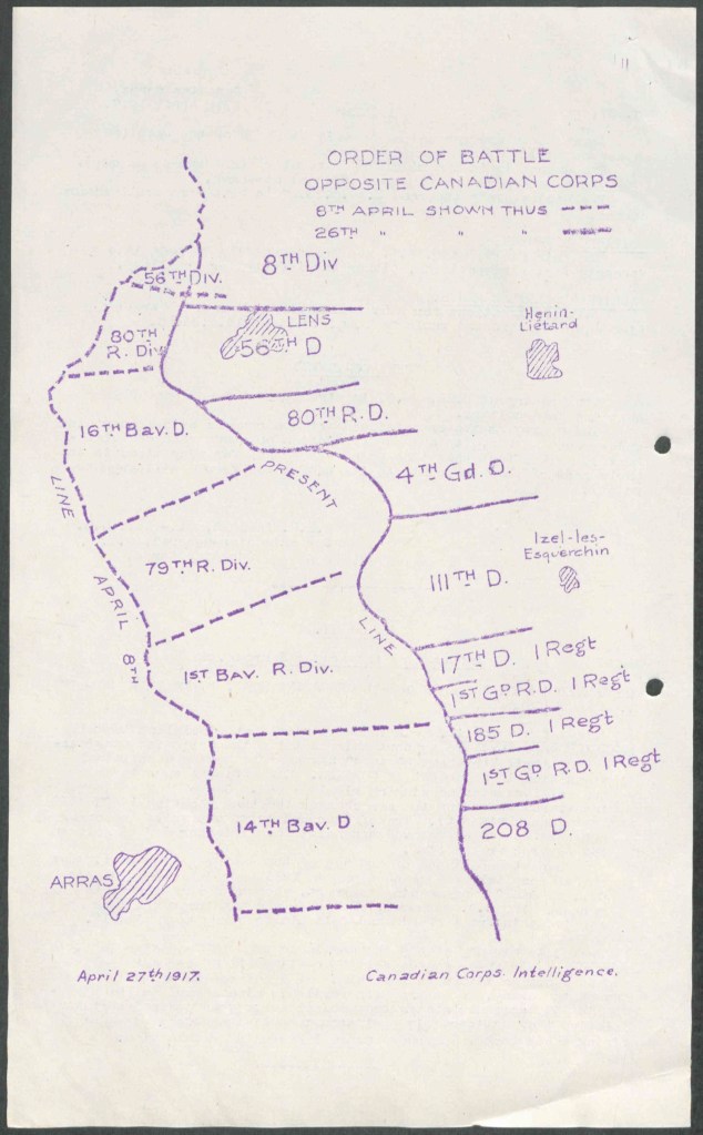A mimeographed map using different lines to illustrate the German regiments that were located behind the trenches at these two different time periods.