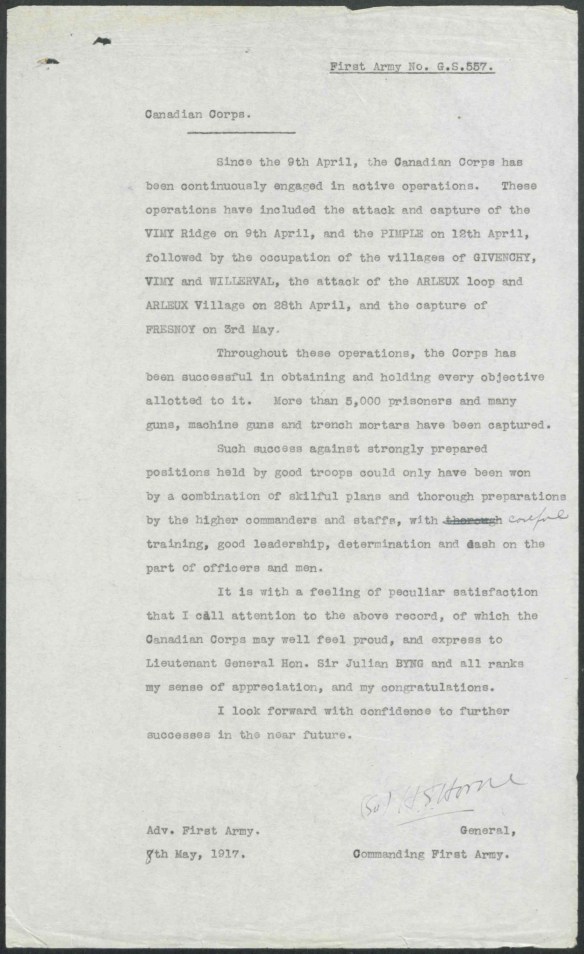 A typed and signed letter from General Horne, Commanding First Army to the Canadian Corps.