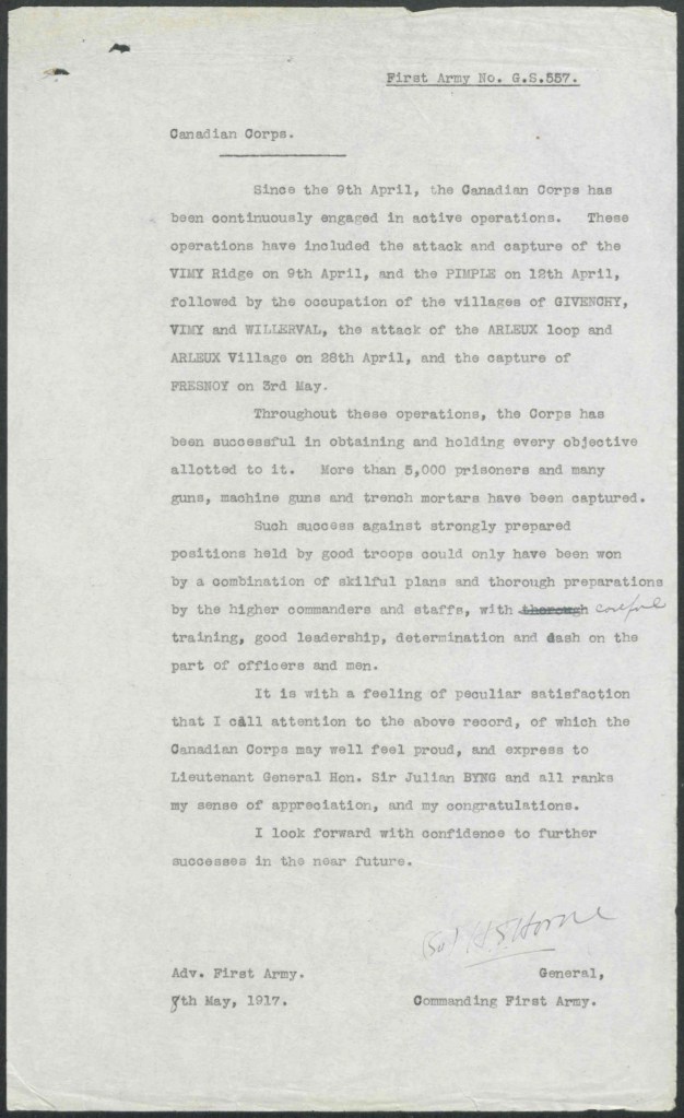 A typed and signed letter from General Horne, Commanding First Army to the Canadian Corps.