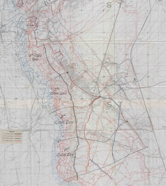 A map of the Vimy crest showing the four stages of military objectives in colour: 1st objective in black, 2nd objective in red, 3rd objective in blue and 4th objective in brown.