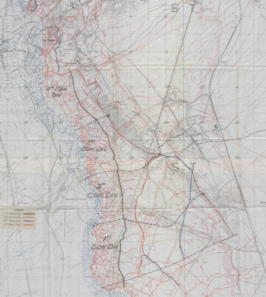 A map of the Vimy crest showing the four stages of military objectives in colour: 1st objective in black, 2nd objective in red, 3rd objective in blue and 4th objective in brown.