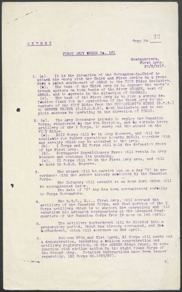 Two pages of typed, mimeographed orders outlining the target, the armies involved, the date and time of attack (“Day Z”), the use of artillery, the use of deceptive tactics to hide extent of power, contingency plans surrounding withdrawal of German troops prior to Day Z and the location of the Advanced First Army Headquarters on April 4th.