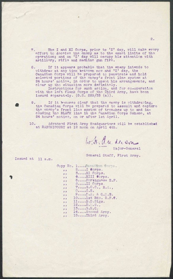 Two pages of typed, mimeographed orders outlining the target, the armies involved, the date and time of attack (“Day Z”), the use of artillery, the use of deceptive tactics to hide extent of power, contingency plans surrounding withdrawal of German troops prior to Day Z and the location of the Advanced First Army Headquarters on April 4th.