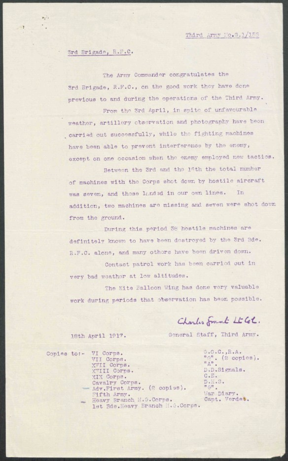 A typed and signed letter from the Lieutenant-Colonel to the Royal Flying Corps.