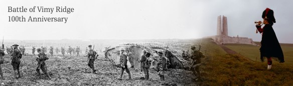 A banner that changes from a black-and-white photograph of a battle scene on the left to a colour photograph of the Vimy Memorial on the right.