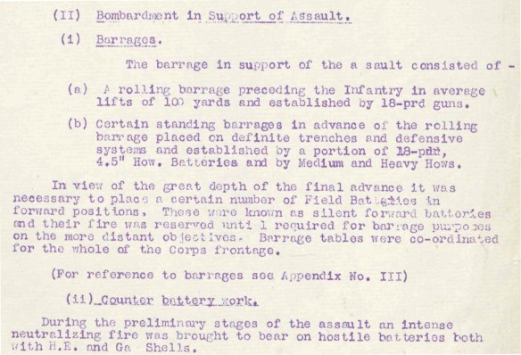 A mimeographed, typewritten extract from a page explaining the strategy behind the artillery barrages supporting the assault: the “rolling” barrage, the “standing” barrage and field batteries in forward positions (known as silent forward batteries that were silent until it was time for them to be used on the more distant objectives).