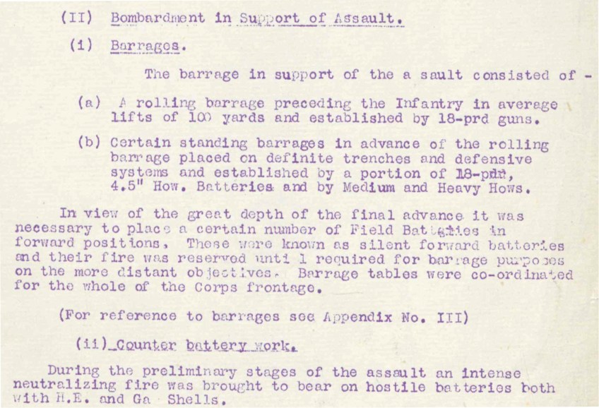 A mimeographed, typewritten extract from a page explaining the strategy behind the artillery barrages supporting the assault: the “rolling” barrage, the “standing” barrage and field batteries in forward positions (known as silent forward batteries that were silent until it was time for them to be used on the more distant objectives).