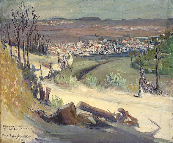 A colour painting of a road lined with broken trees leading down to a town. In the distance can be seen other villages and hills.