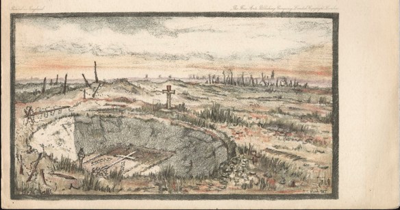 A colour lithograph of a desolate landscape showing a large crater in the middle of which is a cross drawn out with white stones. At the top and the bottom of the crater are two other stone crosses: one Roman and the other Celtic. Barbed wire circles the crater and stumps of bombed trees can be seen in the distance.