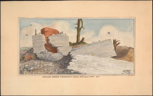 A watercolour of a broken brick and concrete wall scattered over a little hill with broken trees behind it and airplanes flying overhead.