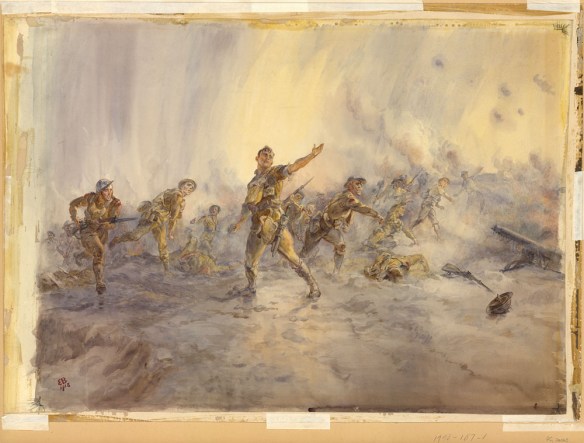 A colour painting of a group of soldiers charging forth, in various poses of throwing grenades. Others are moving forward with guns and bayonets, while others lay on the ground, dead. The colours of the painting are very light pastels and the soldiers are painted with great delicacy.