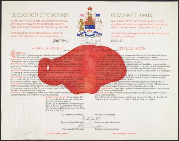 Copy of the Proclamation of the Constitution Act, 1982 with a large red splotch in the middle.
