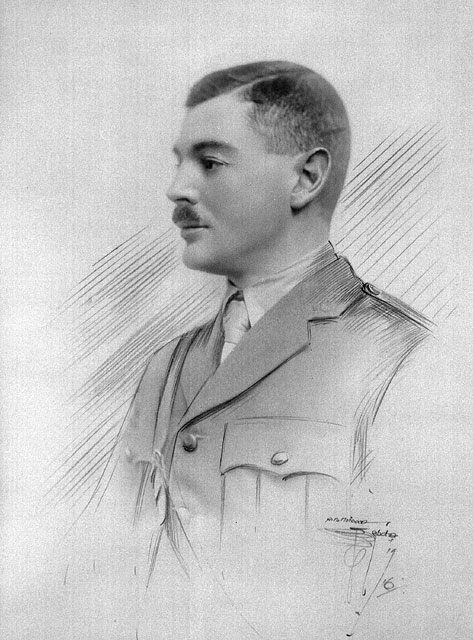 A black-and-white image (blended photograph and sketch) of a soldier with close cropped hair and a mustache. 