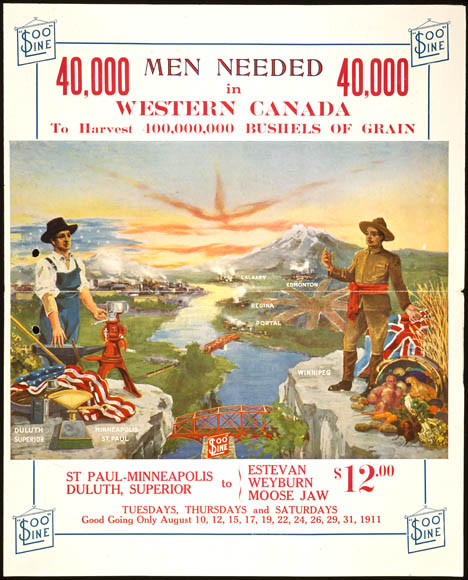 Colourful poster illustrating a mountainous landscape divided by an international border, with two men representing each country standing on either side. The picture is set between a recruitment slogan and train travel information between the two countries. 