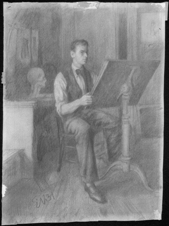 Conté and pencil drawing of a young man seated at a drawing board looking at the viewer. It is signed EN31.