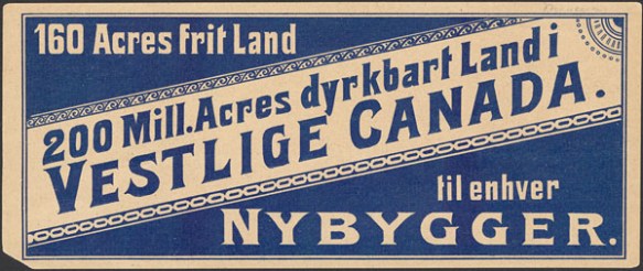 A small card printed in Norwegian with lettering and background alternating between colours of blue and sepia. 