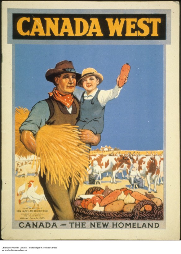 Brightly coloured poster shows a man carrying a bundle of wheat under one arm and a boy in the other. A basket of potatoes, tomatoes, garlic and onions is at his feet, and in the background are some chickens and pigs, a herd of cattle, and a farmhouse. 