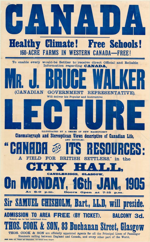 Poster with prominent words “Canada” and “Lecture.” The other words vary in size, and all are printed in blue ink against a sepia background. 