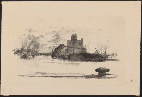 A lithograph of a harbour landscape with the slightest suggestion of boat masts, buildings and construction.