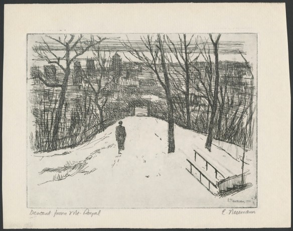 An etching of a person walking downhill along a snowy path toward a city, with its buildings visible through the trees.