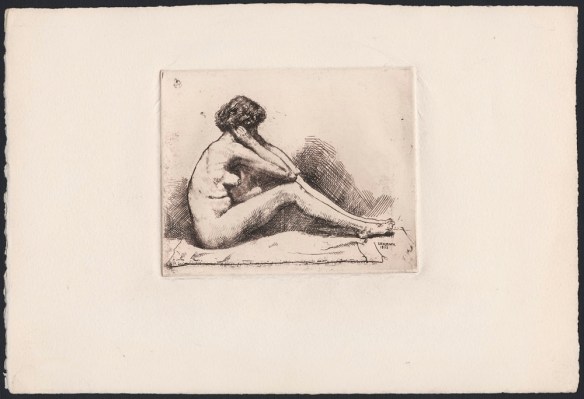An etching of a female nude seated, holding her face and resting her elbows on bent knees.