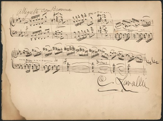 Sepia page of handwritten musical notations signed C. Lavallée. 