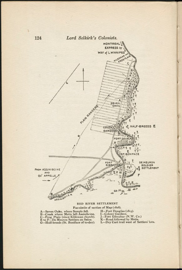 A map of the Red River settlement depicting the railway, settlements, and forts. A legend across the bottom lists the different points on the map.