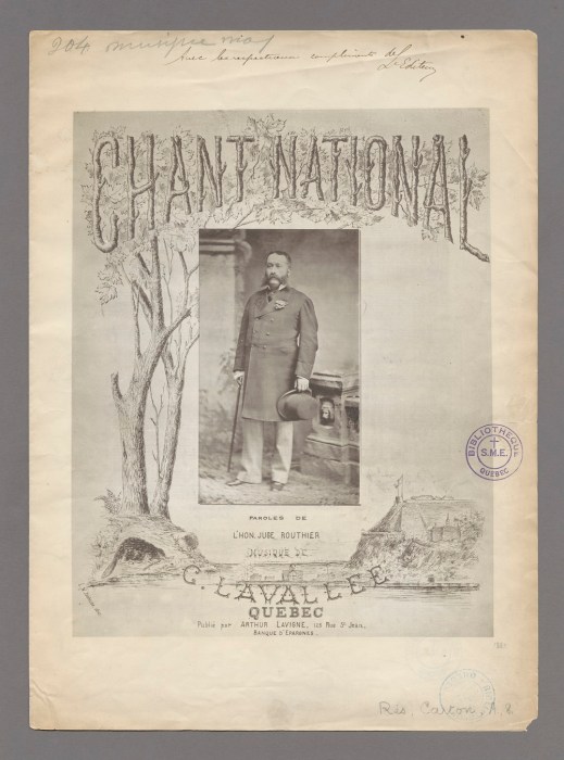 Sheet music cover. In the centre, there is a photo of a man in an overcoat and trousers holding a top hat and a cane. The composer’s and lyricist’s names are at the bottom between a sketch of the city of Québec and a tree that stretches to the top of the page to decorate the title with maple leaves.