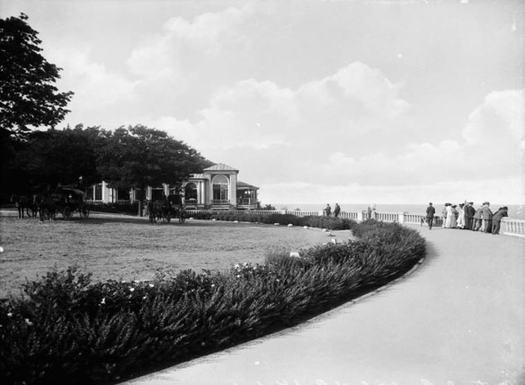 A black-and-white photograph of an elegant path with a stone fence on one side leading to a small building. Horses rest under the trees.
