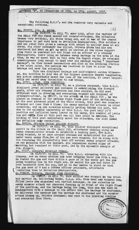 A typed list of men who played significant roles in the Battle for Hill 70.