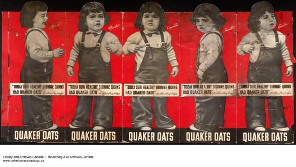 Creased and torn advertisement depicting black-and-white die-cut prints of the little girls wearing overalls and white shirts on a red background. The logo sits across the top of each girl’s legs, with the company name along the bottom of the poster.