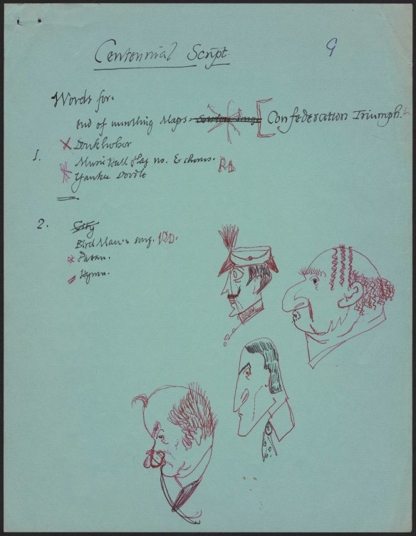 Handwritten page with drawings in red ink. 