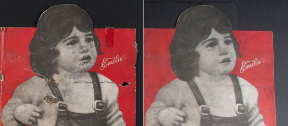 A colour close-up of the poster showing the extent of the damage before and after treatment.