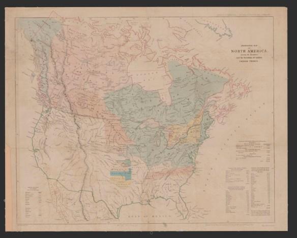 A large colour map of North America denoting territories of various Aboriginal bands with legends in the corners.