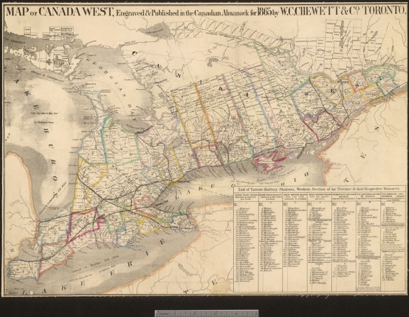 A map of Canada West, what is now southern Ontario, with coloured outlines to indicate counties. The legend contains a list of railway stations with their respective distances [to Toronto?].